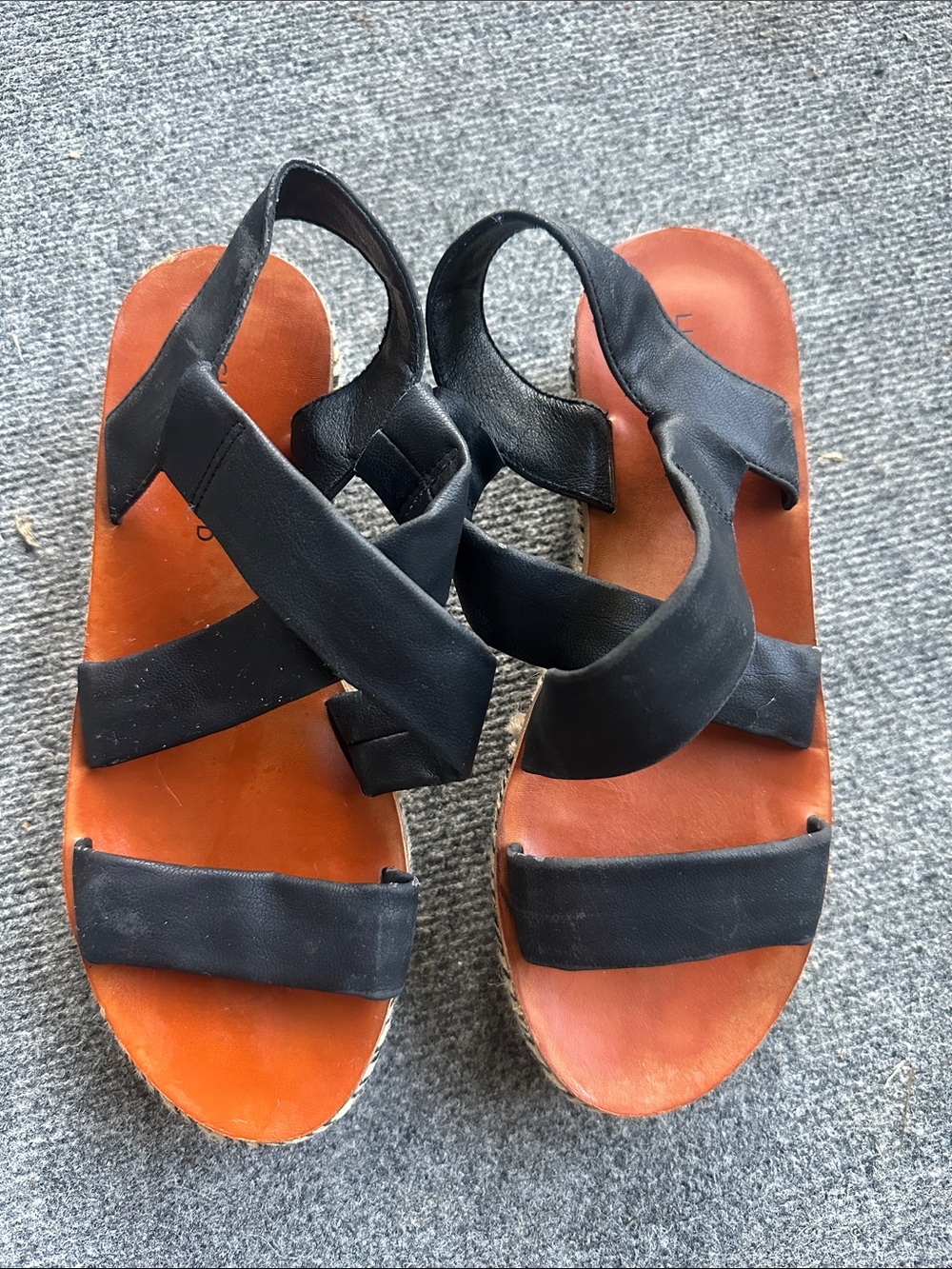 Lucky Brand Black Strappy Leather Sandals with Brown Footbed